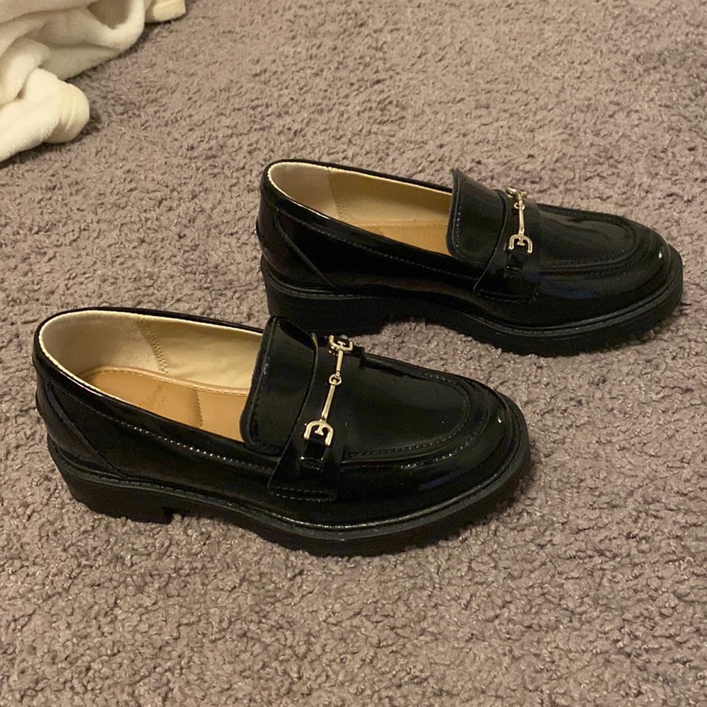 Sam Edelman Black Patent Loafers with Gold Accent